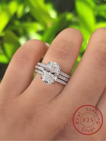 925 Sterling Silver Sparkling Luxury Oval Zircon Three Piece Ring Set For Women Engagement Wedding High Quality Fine Jewelry