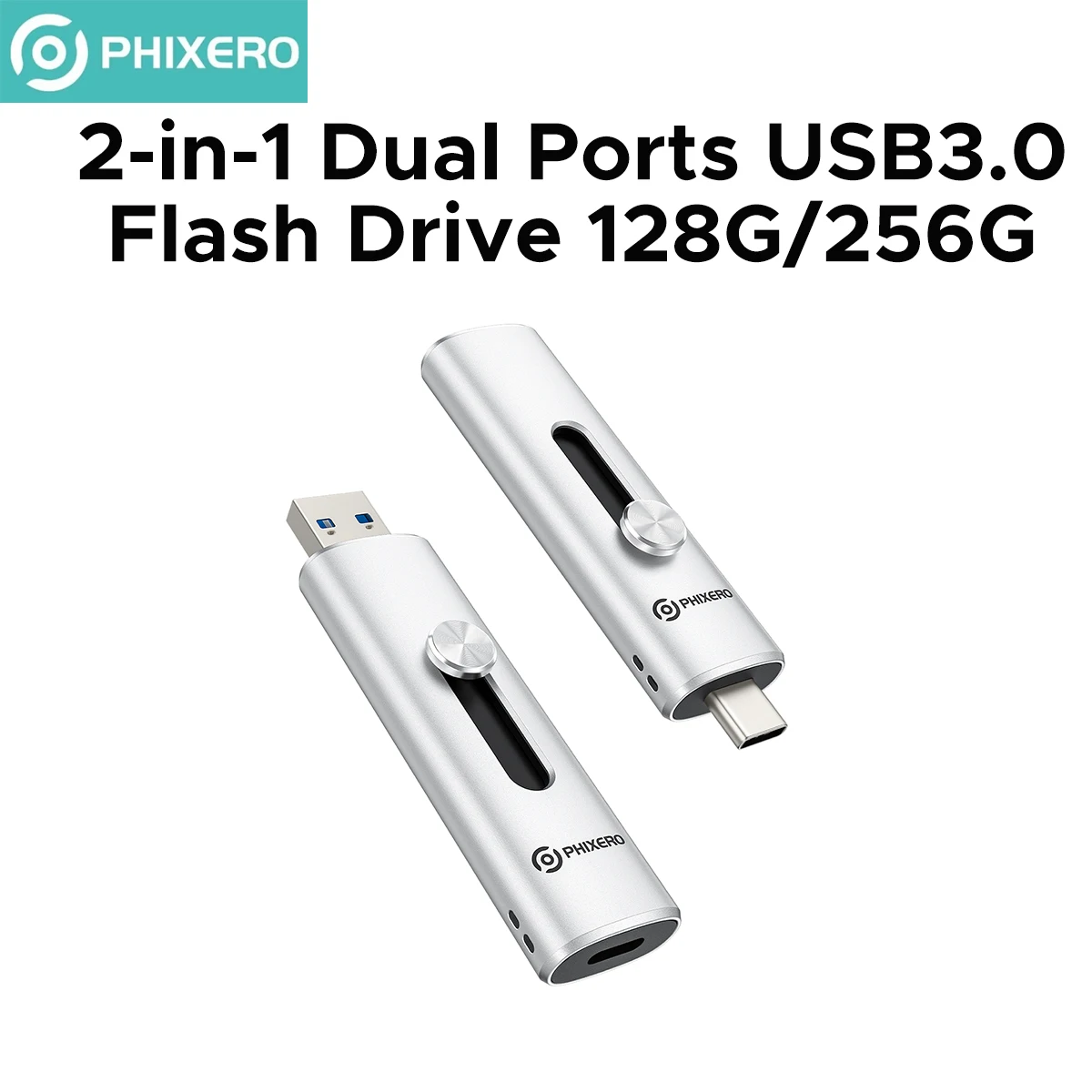 PHIXERO 2-in-1 Push-Pull-Design USB3.0 Flash Drive 128GB/256GB/512GB/1TB/2TB Flash Pen-Disk with High Speed Pocketable Silver