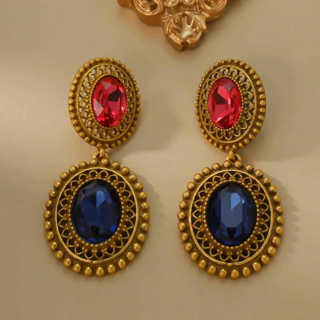 Vintage 2024 Spring and Summer New Earrings Red and Blue Inlaid Gemstone Large Earrings