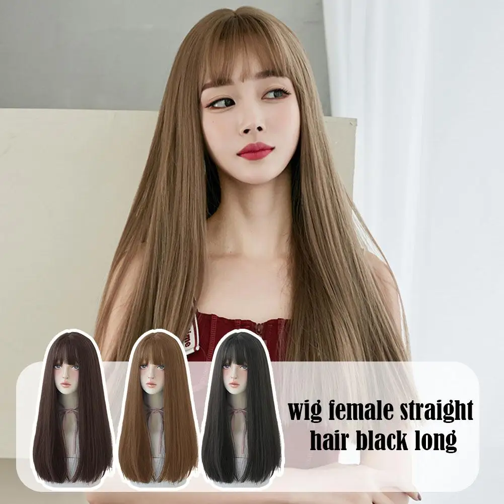 Cabelo sintético longo para as mulheres, cabelo liso, franja de ar natural, peruca realista, adequado para o uso diário, preto