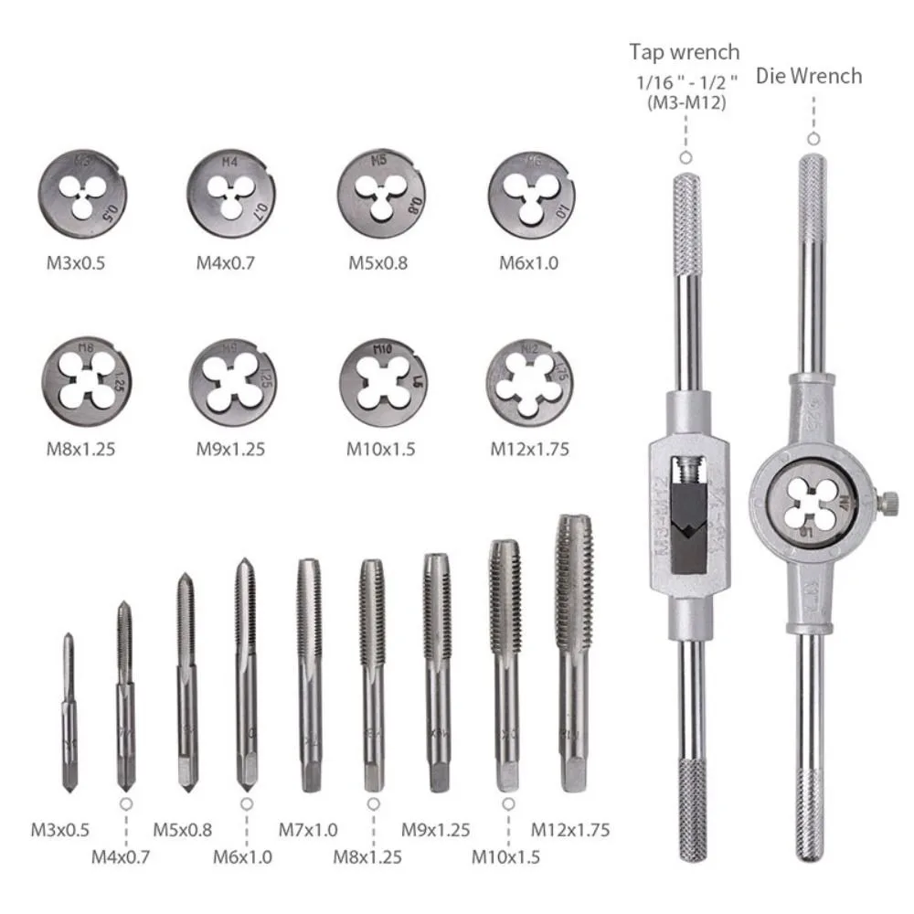 8/12/20Pcs Multi-specification Metric Hand Tap and Die Set​​ Metric System Plumbing & Pipe Fitting​​ Tap Wrench Reamer Tools