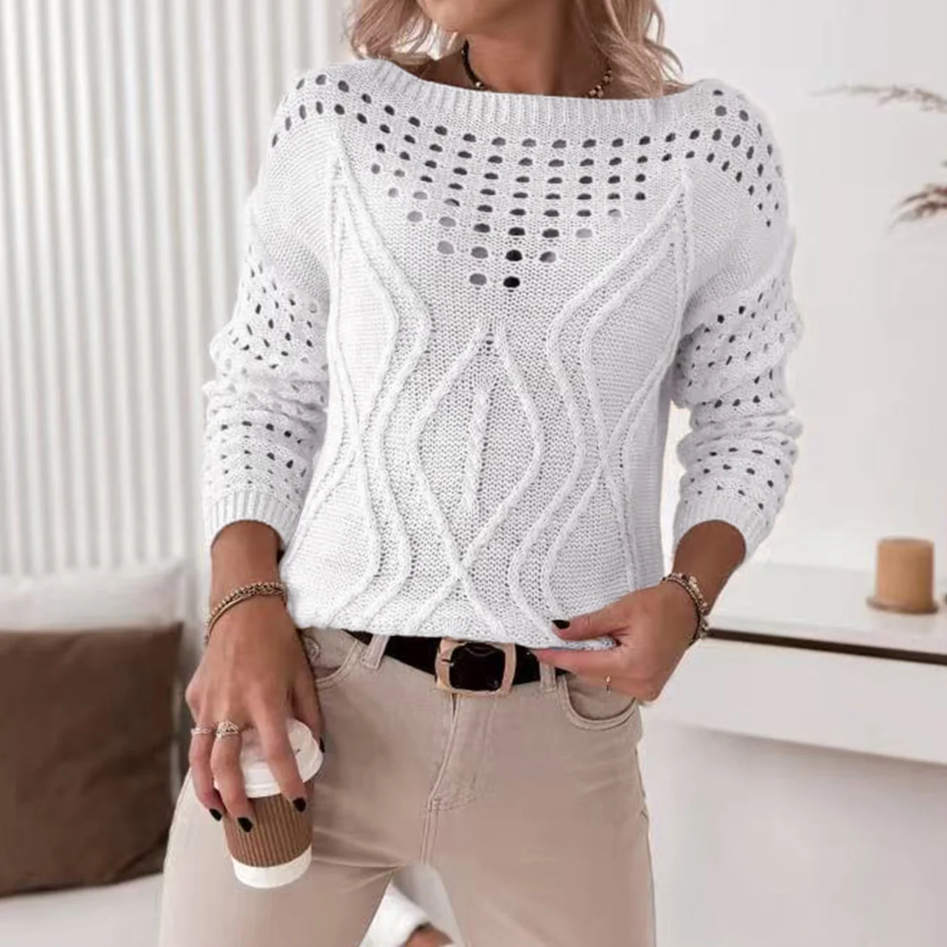Women Pullovers Sweaters Solid Top Round Neck Full Sleeve Jumpers Hollow Out Y2k Streetwear Elegant Splice Knit Tops Autumn