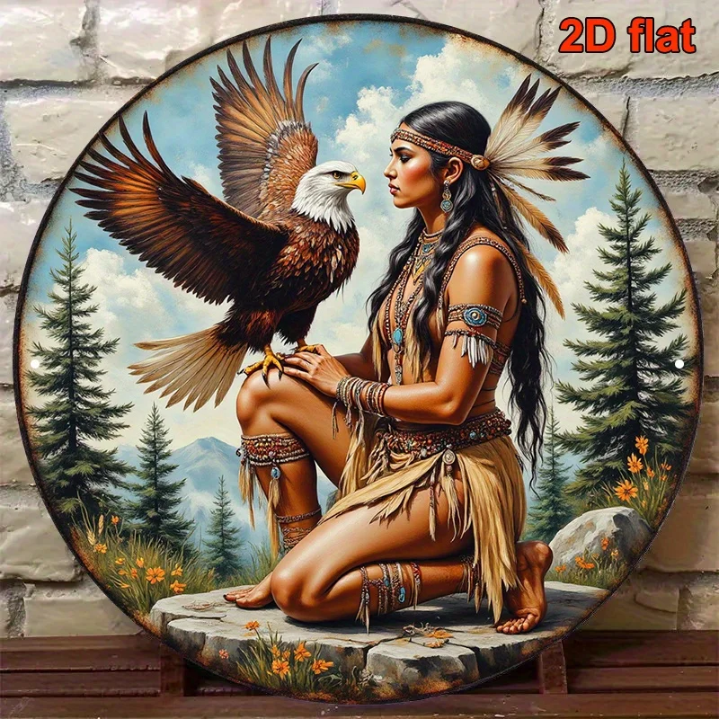 2D-flaches 1-teiliges kreisförmiges Wandkunstschild aus Holz – Retro-Dekoration amerikanischer Frauen und Adler, stammes kulturelles Kunststück