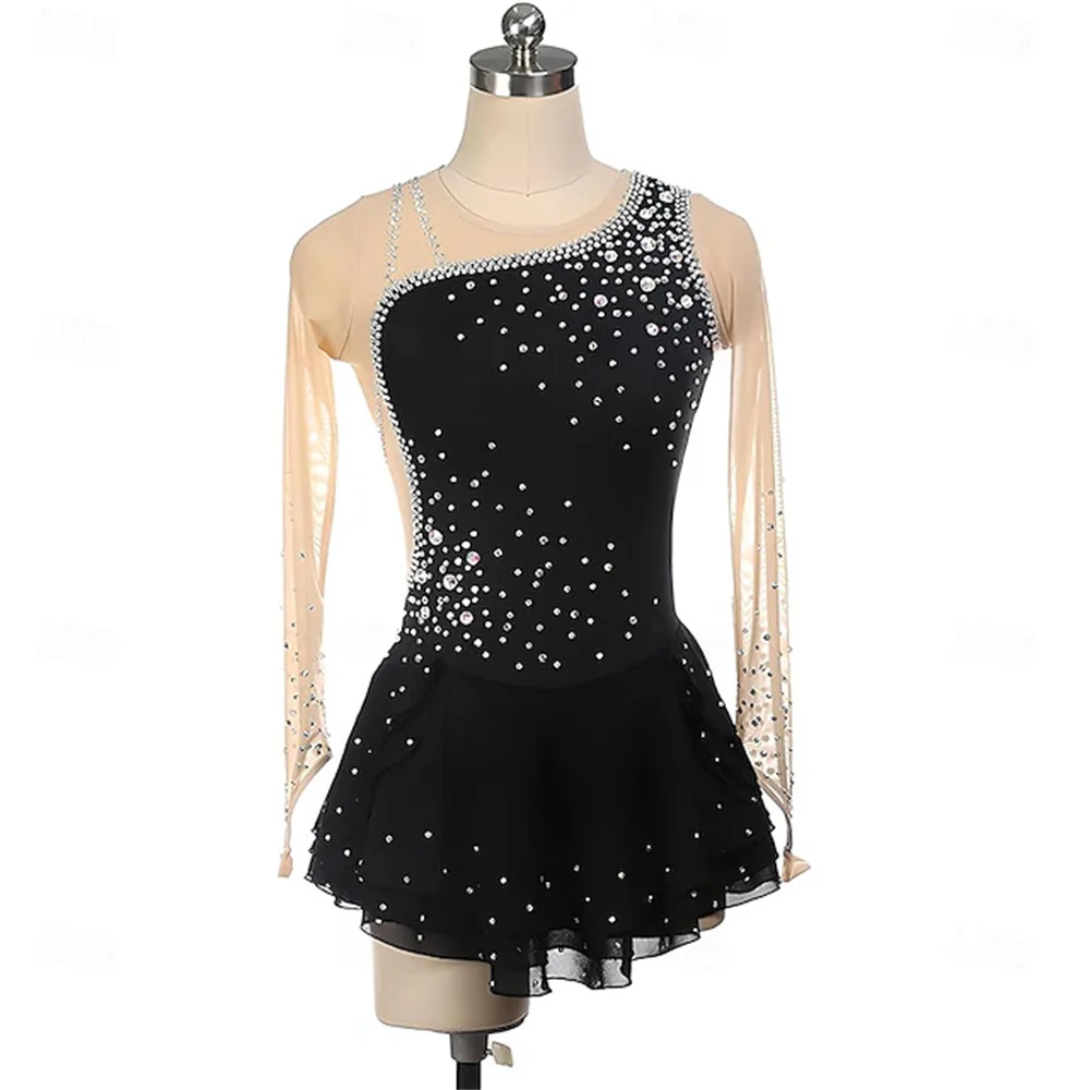 Girls Figure Skating Dress Long Sleeves One Shoulder Round Neck Rhinestone Ballet Dance Competition Costume