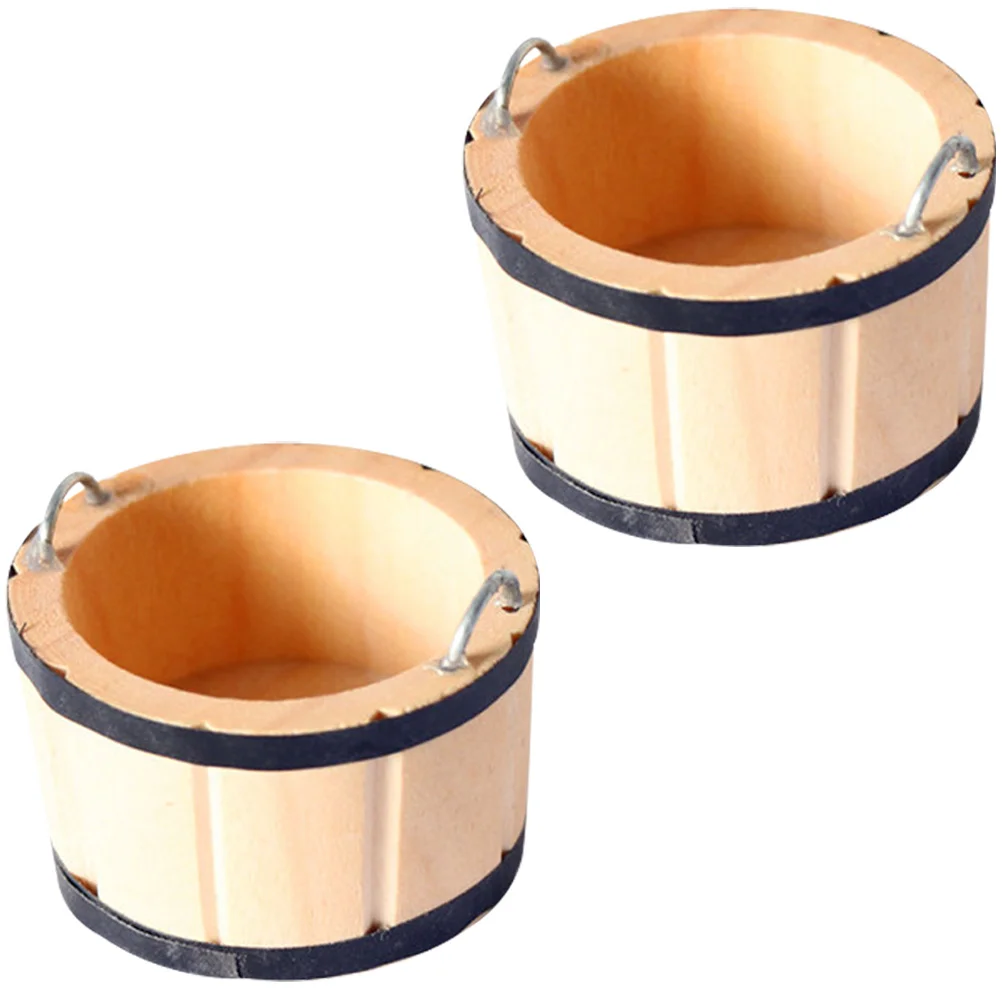 2 Pcs Log Color Wooden Barrel Miniature Buckets Small House Ornament Decorate Gardening Toy Metal