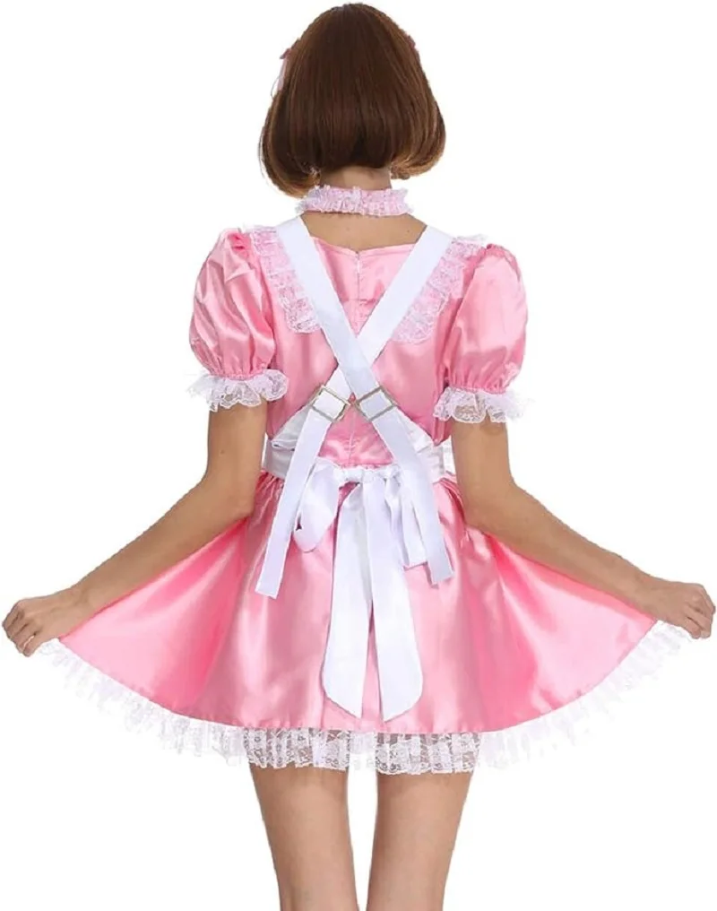 Pink Satin Patchwork White Independent Apron with Cross Straps on the Back Square Neckline with Neck Loop Short Sleeved Dress