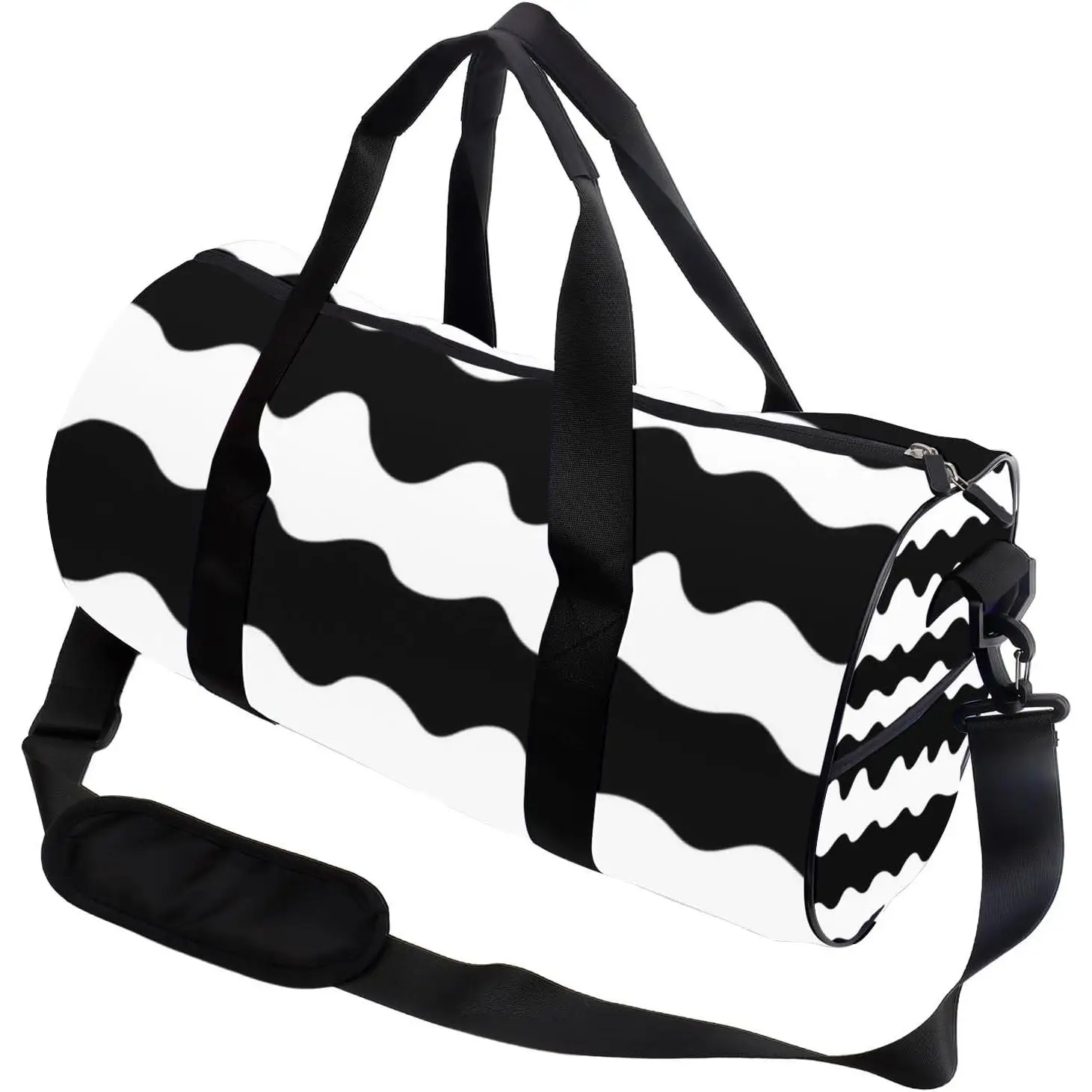 Trendy Black Wave Stain- Resistant Foldable Duffle Bag For Travel Tote Bags Adjustable Shoulder Strap Convertible Carry Backpack