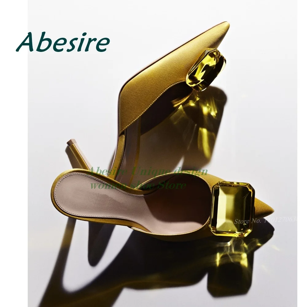 Satin Gemstone High Heels Pointy Toe Solid Stiletto Women's Pumps Summer 2023 New Elegant Party Shoes Sexy Shallow Slippers