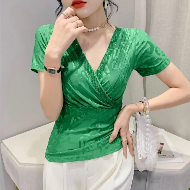 #5113 Green Yellow Mesh Wrap T Shirt V-neck Diamonds Sexy Skinny T-shirt Female Elastic Skinny Womens Tshirt Short Sleeve Summer