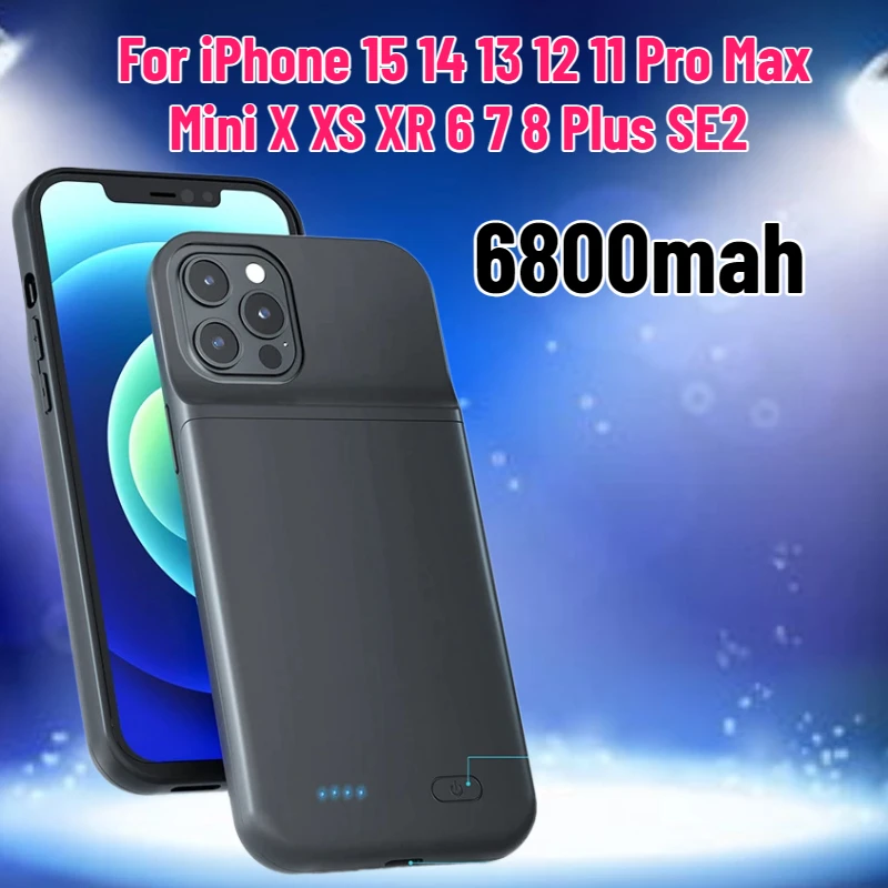 Battery Charger Case for IPhone 15/14/13/12/11 Pro Max Mini X/XS/XR 6/7/8 Plus SE2 6800mah/7000mah Power Bank Charger Case Cover