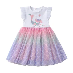 VIKITA Kids Mermaid Print Cartoon Dress Girls Gradient Vacation Birthday Party Casual Princess Flare Sleeve abiti estivi 3-8 Y