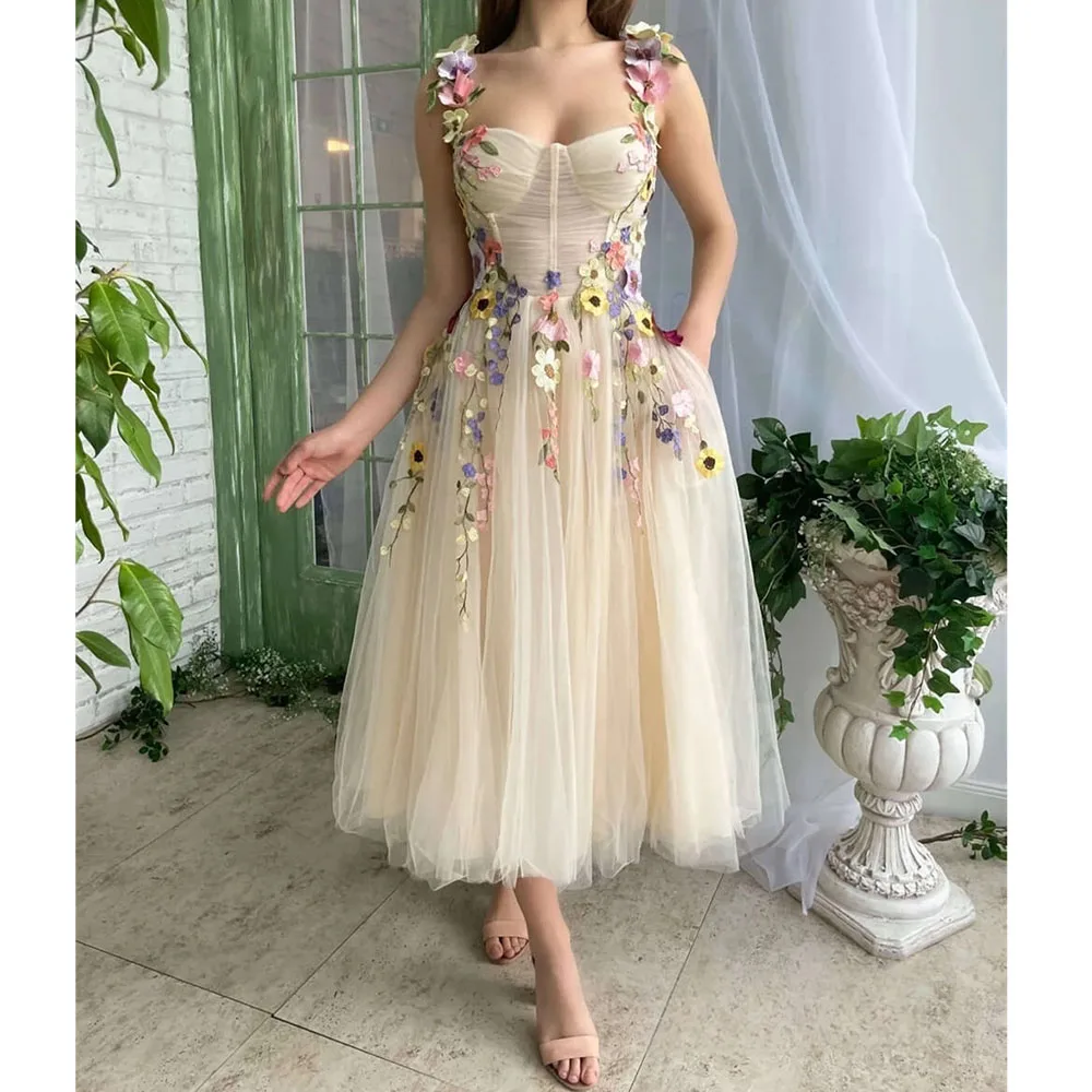 3D Appliques Flower Bohemian Dresses Pretty Elegant Romantic Tea-length Pastoral Beach Fashion Cocktail Party Bridesmaid Gown