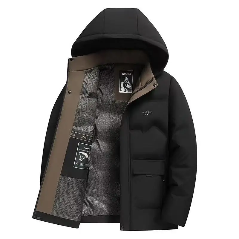 معطف رجالي جديد لخريف وشتاء 2025 معطف قطني بقلنسوة مع تصميم خبز دافئ سميك معطف قطني قبعة معطف قطني للأب قابل للفصل