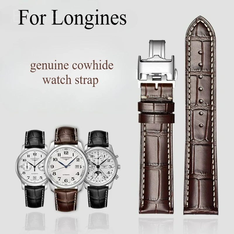 For Longines La Grande Classique/Master Collection Moonphase Solid Steel Double-press Butterfly Buckle Genuine Cowhide Watchband