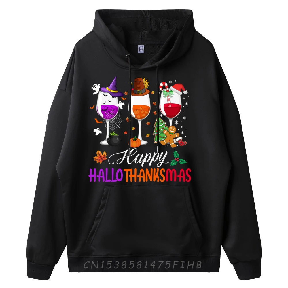 Happy Hallothanksmas Wine Glasses Halloween Thanksgiving Graphic Sweatshirts Men Polyester Fiber Moisture Wicking Christmas