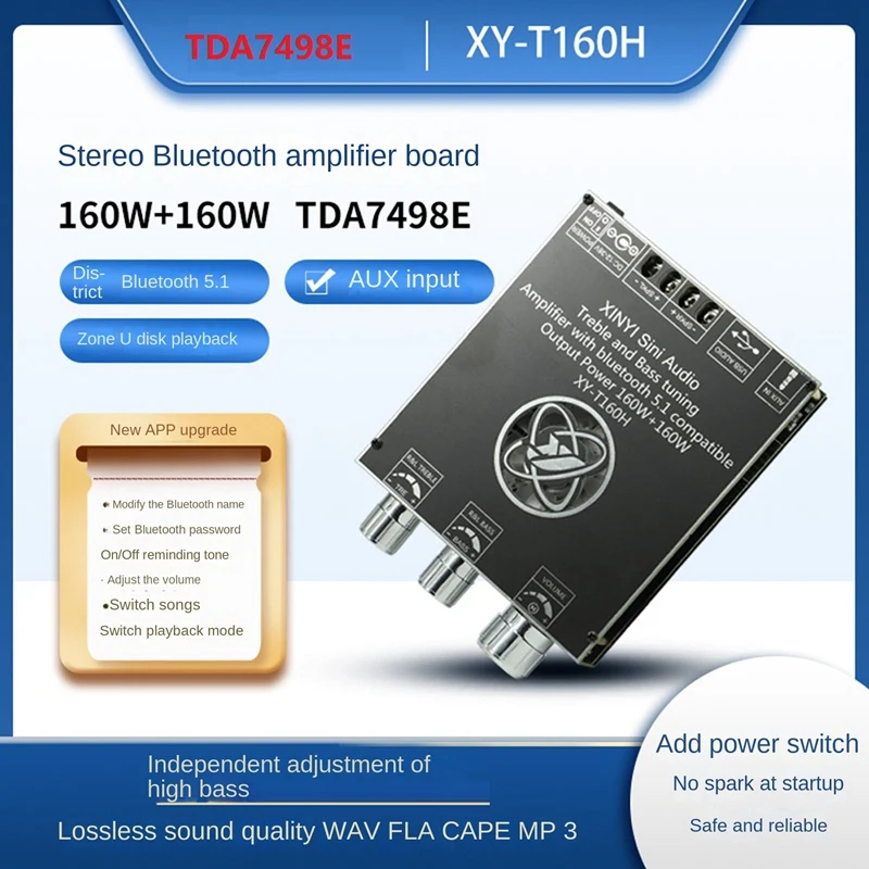 

XY-T160H Stereo Bluetooth Power Amplifier Board TDA7498E 160Wx2 High Bass Adjustment Two-Channel Audio Module Super 3116