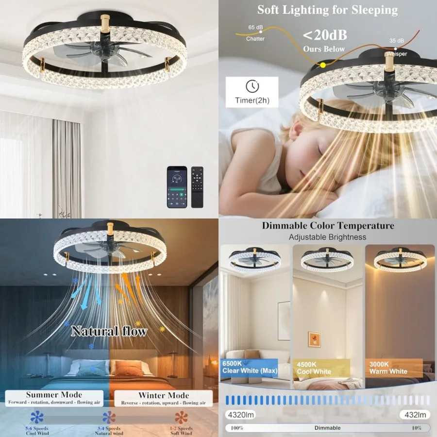 

Ceilg Fans with Lights and Remote Fandelier - Low Profile Modern - '' Flush Mount Ceilg Fans for Bedroom, Stepless Color Temper