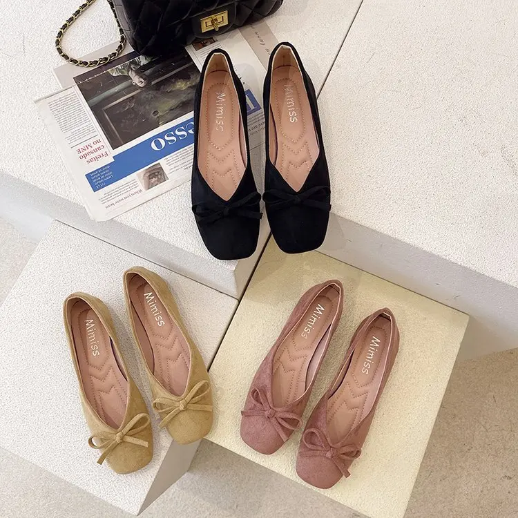 Women Flats Slip on Flat Shoes Round Toe Shallow Butterfly-knot Ballerina Slip on Loafers Faux Suede Lady Ballet Plus Size 35-40