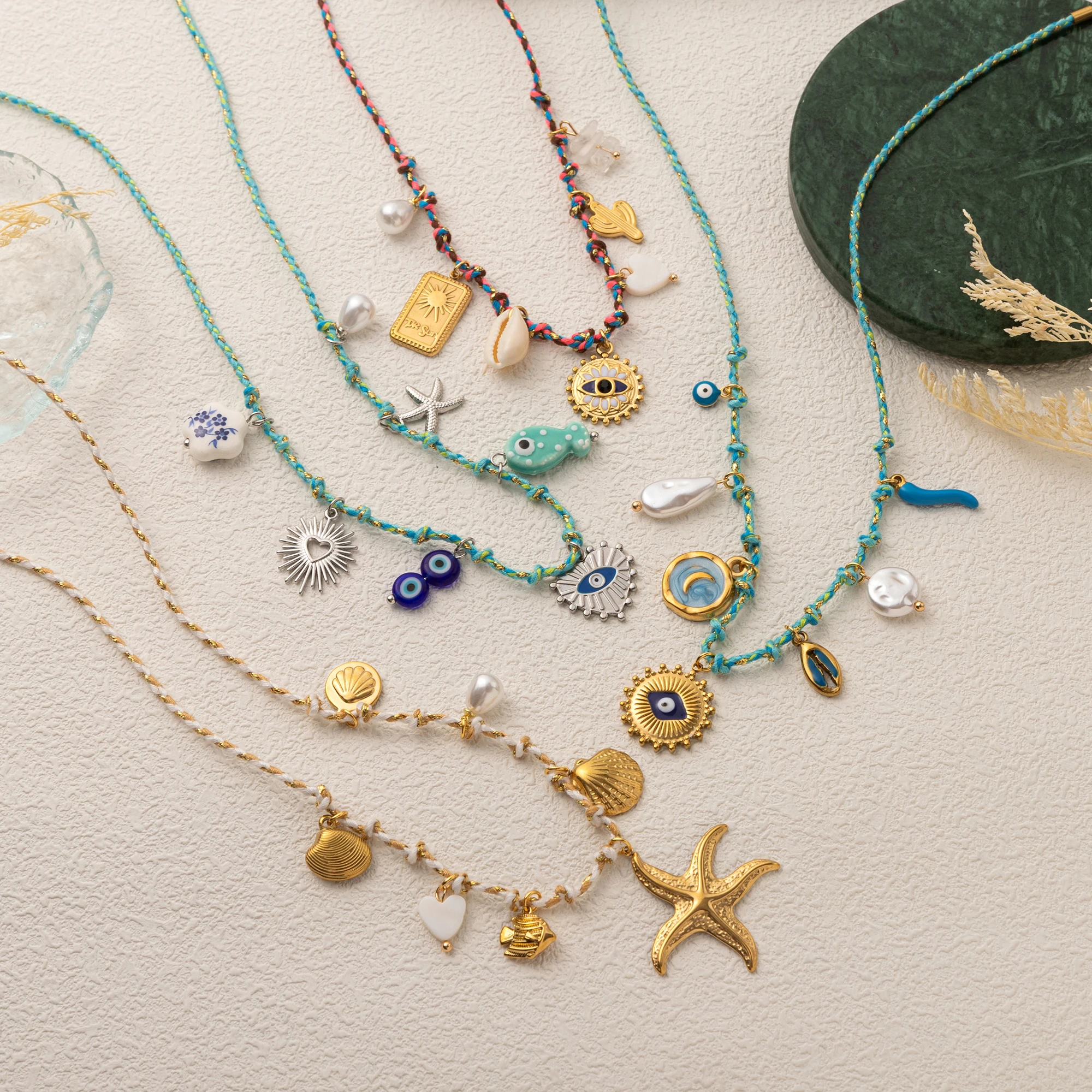 

Stainless steel summer sea breeze starfish pearl heart pendant colorful dopamine rope necklace