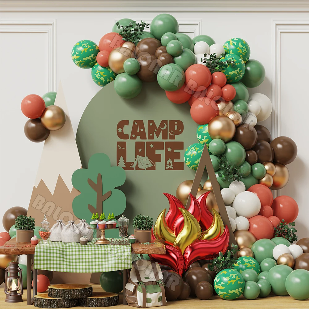125 stücke Camping Ballon Girlande Kit Salbei grün braun Tarn ballons mit Lagerfeuer für Happy Camper Woodland Party Dekoration
