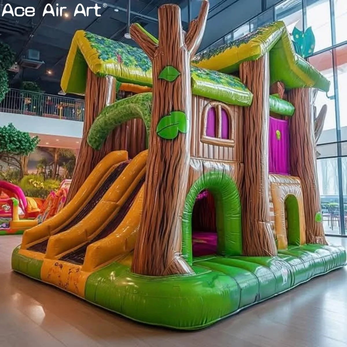 Baumhaus-aufblasbares Hüpfhaus mit doppelten Rutschen für Kinder, Dschungel-Thema, aufblasbarer Hüpfer für Spielplatz und Partys im Innenbereich