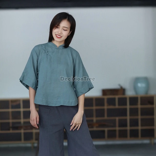 2024 new chinese tang style hanfu cotton linen top daily improved leisure thin qipao top vintage solid color temperament blouse