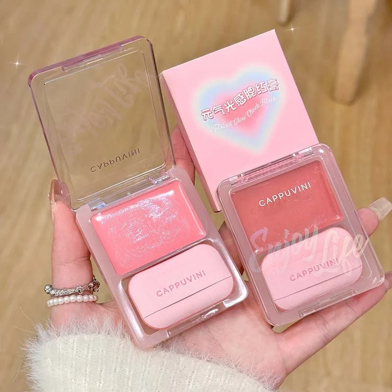 Placa de colorete rosa con esponja, brillo de agua, crema de colorete, hidratante y uniformemente pigmentado, cosmético de rubor portátil