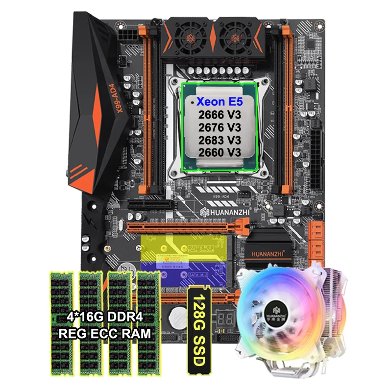 HUANANZHI X99-AD4 Motherboard with 128G M.2 SSD DIY CPU Xeon E5 2666 V3 2683 2676 V3 CPU Cooler 4*16G Memory 64G DDR4 REG ECC