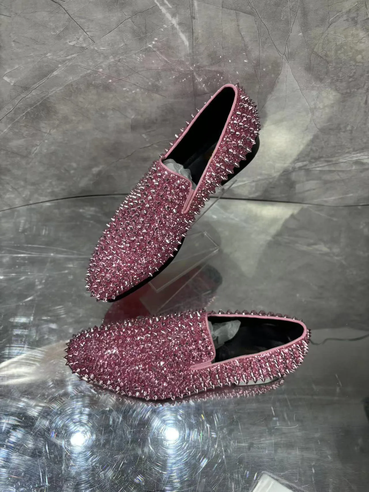 Fashion Pink Sequine Fabric Men's Rivet Loafer Shoes Round Toe Low Heel Spring Autumn Slip On Male Party Wedding Single Shoes