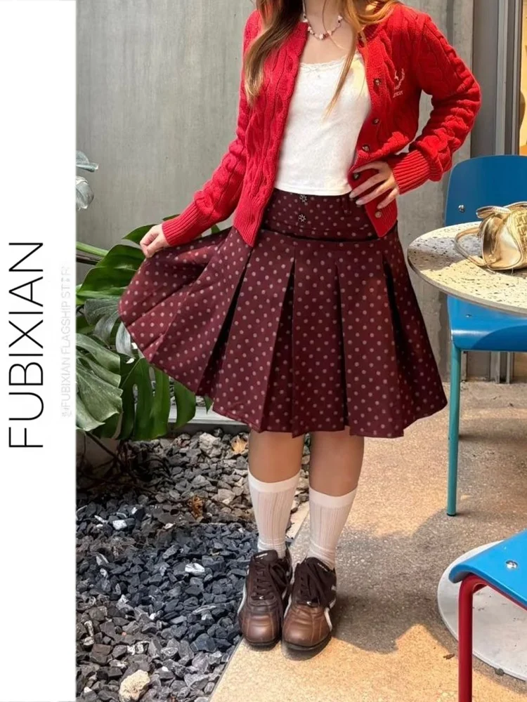 

Polka Dot Red ter Ne Dr Korean Sle High Waist Pleated Skirt Casual New Year Aosphere American Retro Slimming...