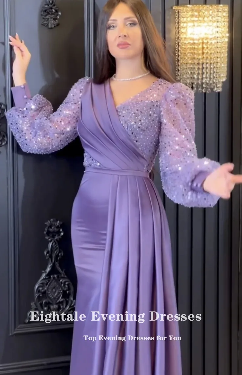 Eightale Dubai Luxury Evening Dress V-Neck Purple Customized Sequin Pearls Long Sleeves Mermaid Prom Party Gown for Wedding