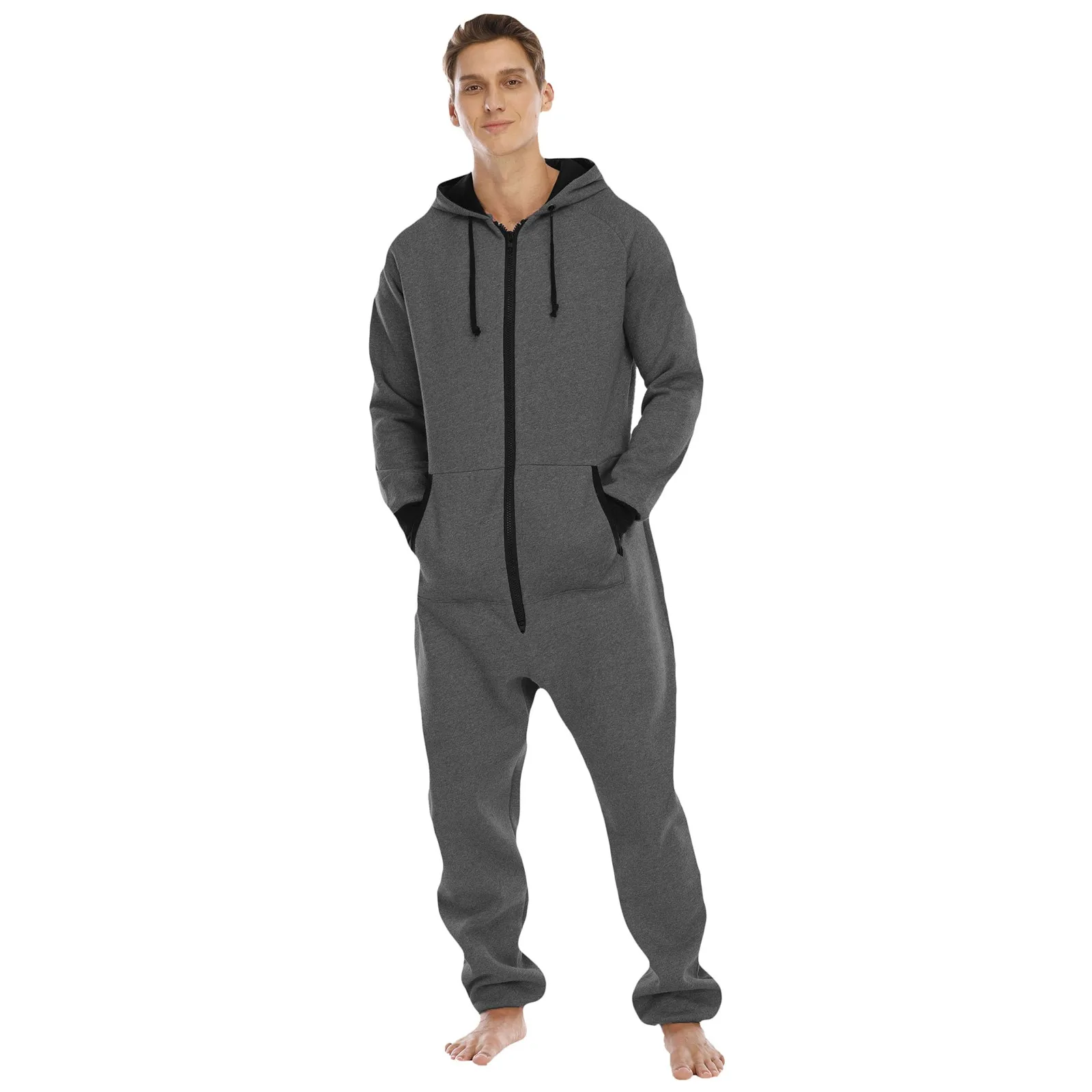 Men Warm Coral Fleece Onesie Fluffy Sleepwear Lounge Homewear One Piece Pyjamas Male Jumpsuits Hooded Onesies For Men