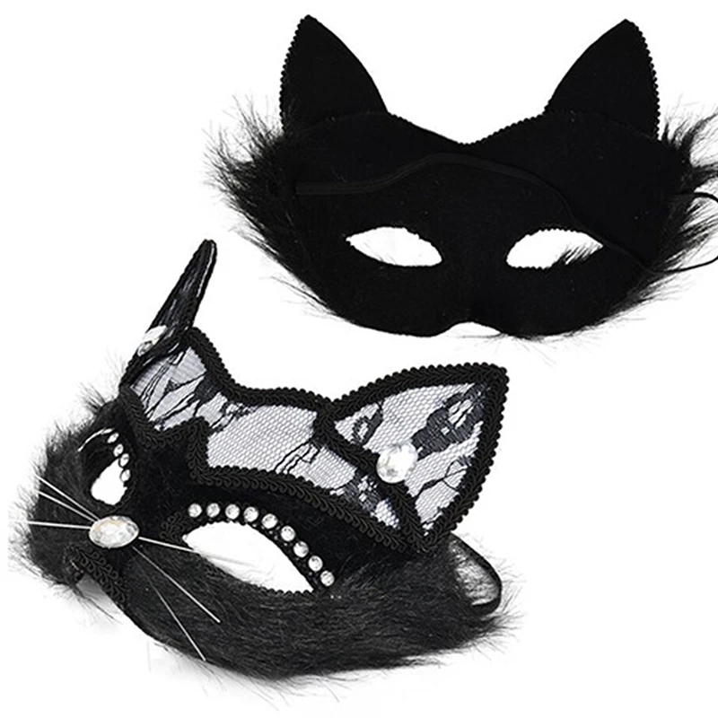 Maschera per gatti sexy in pizzo nero Maschera per occhi in maschera veneziana Festa di Natale Cosplay Copricapo per ragazze da donna Maschera fantasia di Halloween