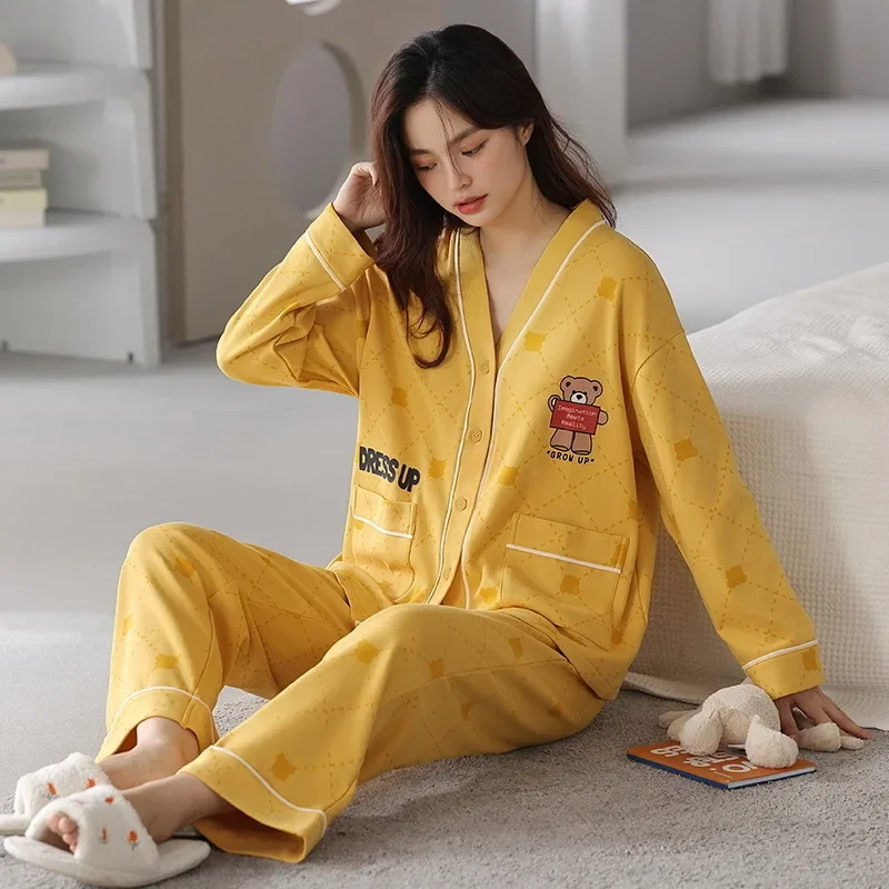 New Sleepwear Women's Cardigan V-neck Long Sleeve Pants Cartoon Loose Home Suit Set Pajamas for Women In Spring and Autumn