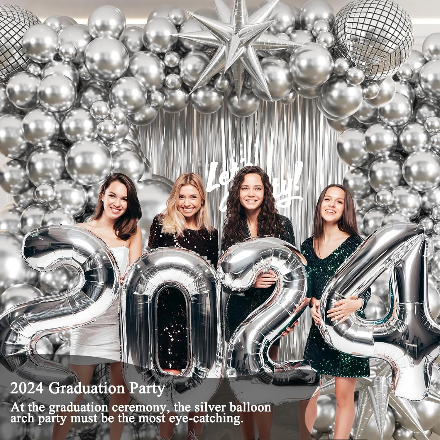 Disco Silver Balloon Arched Flower Ring Set, with a metallic silver tassel background, suitable for birthday parties in 2024