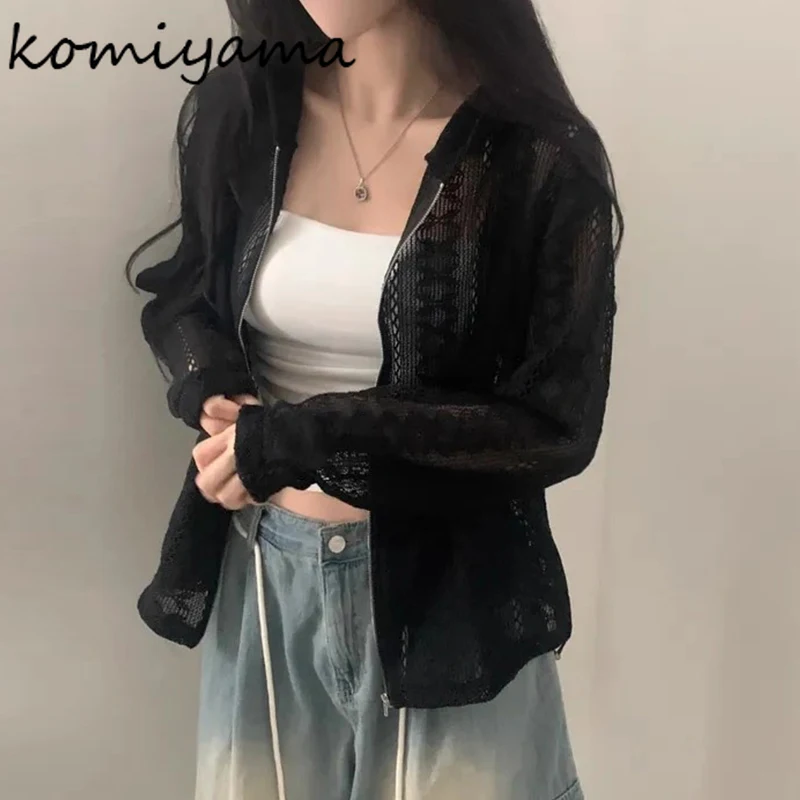 

Hollowed Out Jacquard 2025 Casaco Hooded Lace Chaquetas De Mujer Drawstring Jacket Long Sleeve Jaqueta Feminina Woman Jackets