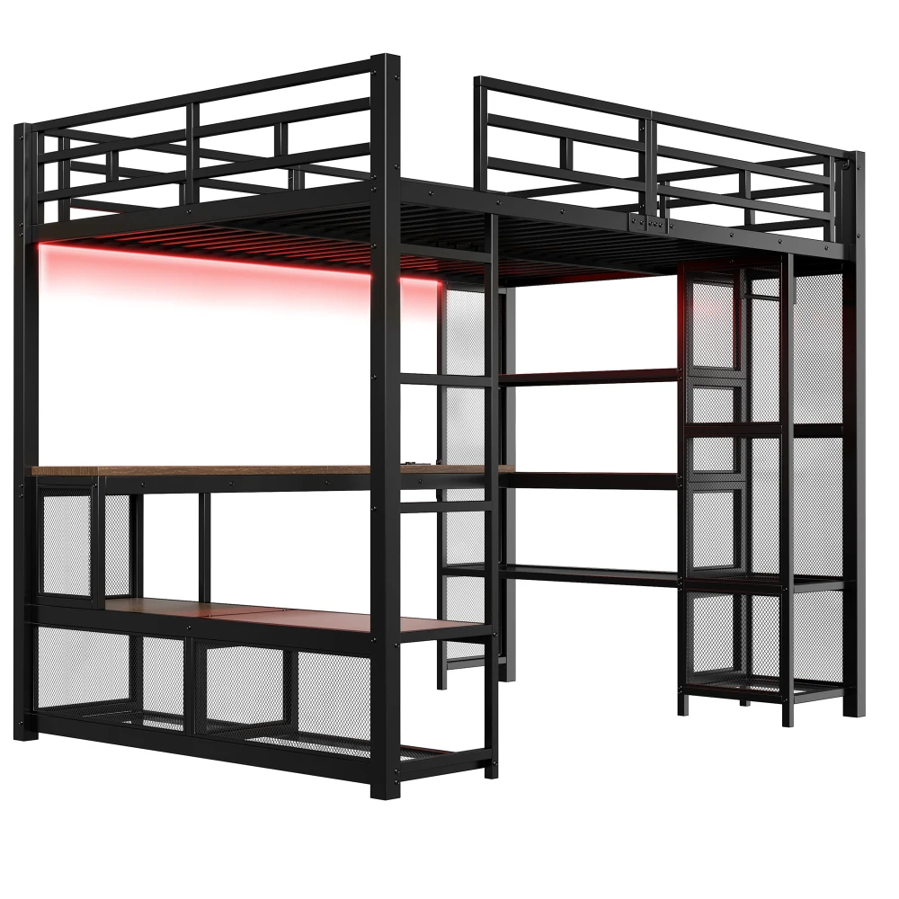 140 x 200 cm großes Hochbett aus Metall mit Stauraum und offenem Kleiderschrank, Kinderzimmerbett mit USB-Anschluss und LED-Beleuchtung, Schwarz/Weiß – Detail 16