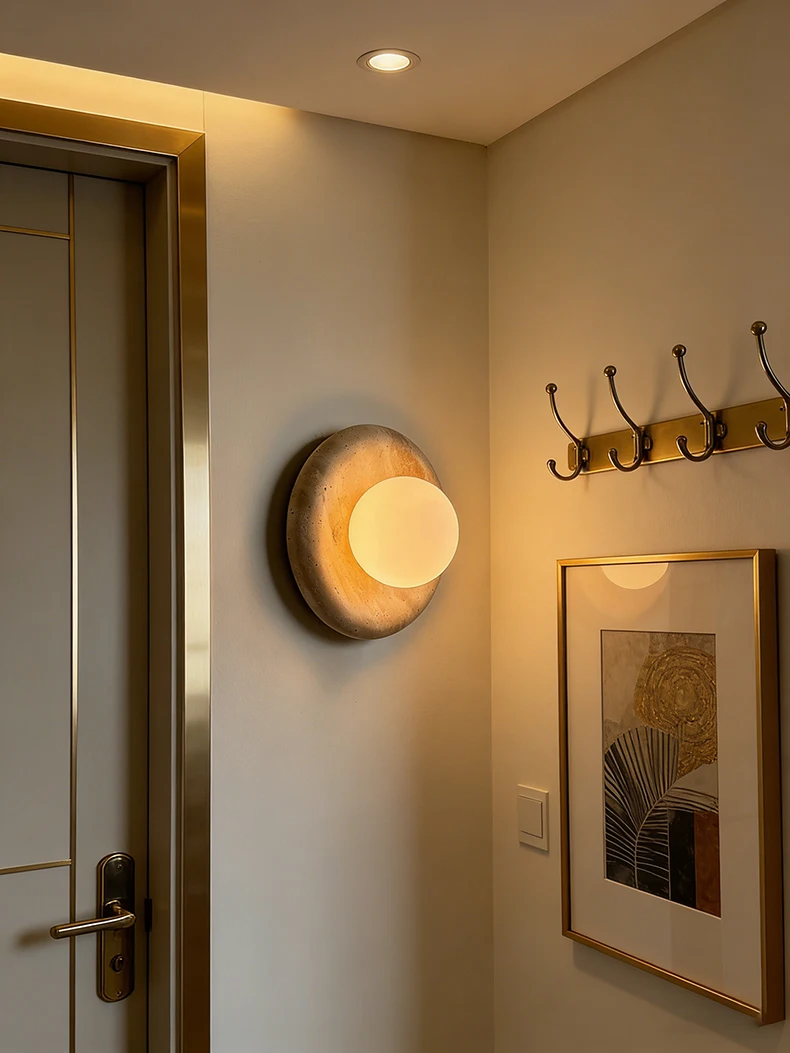 Round Real Stone Wall Light White Glass G9 Bulb Indoor