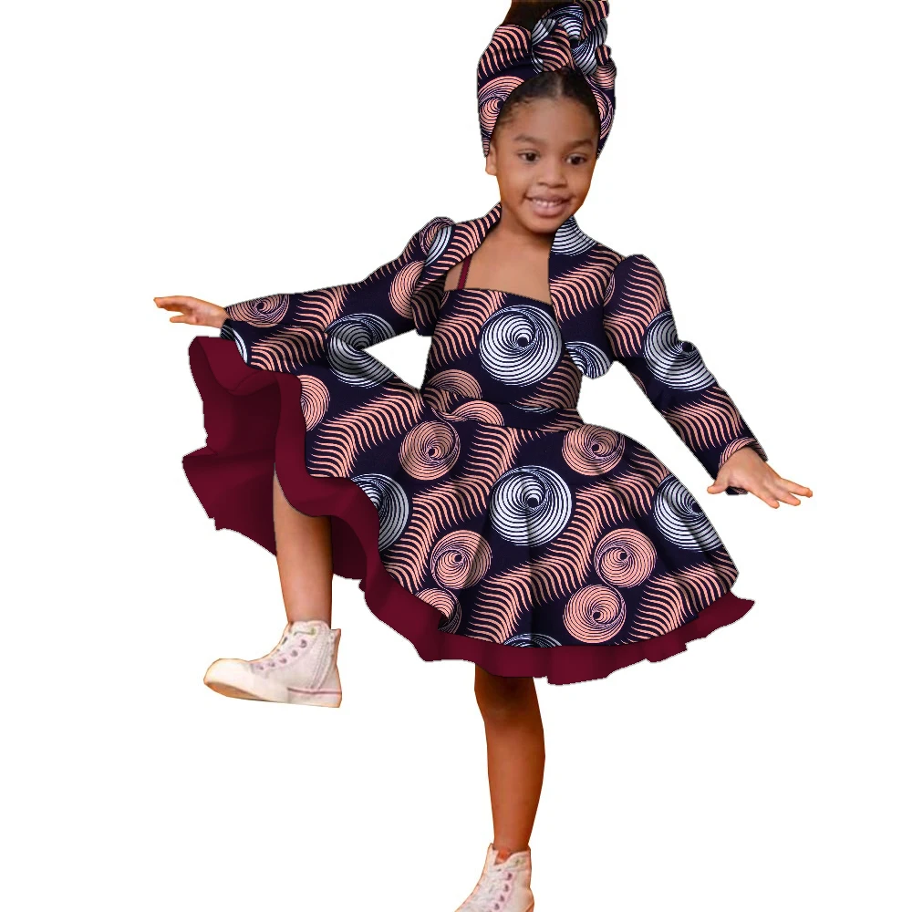

3pcs Set African Kids Gril Dashiki Dress Coat and Headtie Suits Africa Print Party Dresses Children Summer Clothes WYT723