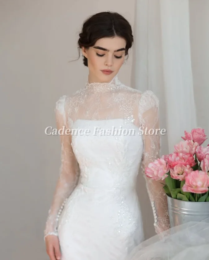 Customized  Long Sleeve Lace High Neck Mermaid Wedding Dress 2025  Lace Applique Elegant Floor-length Bridal Gowns