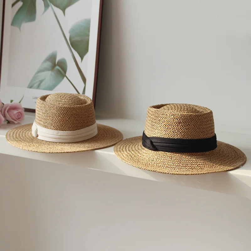 

2022 Wide Brim Women Flat Jazz Cap Straw-weaving Summer Panama Hat England Ladies Straw Sun Protection Fedoras Femme Sombrero