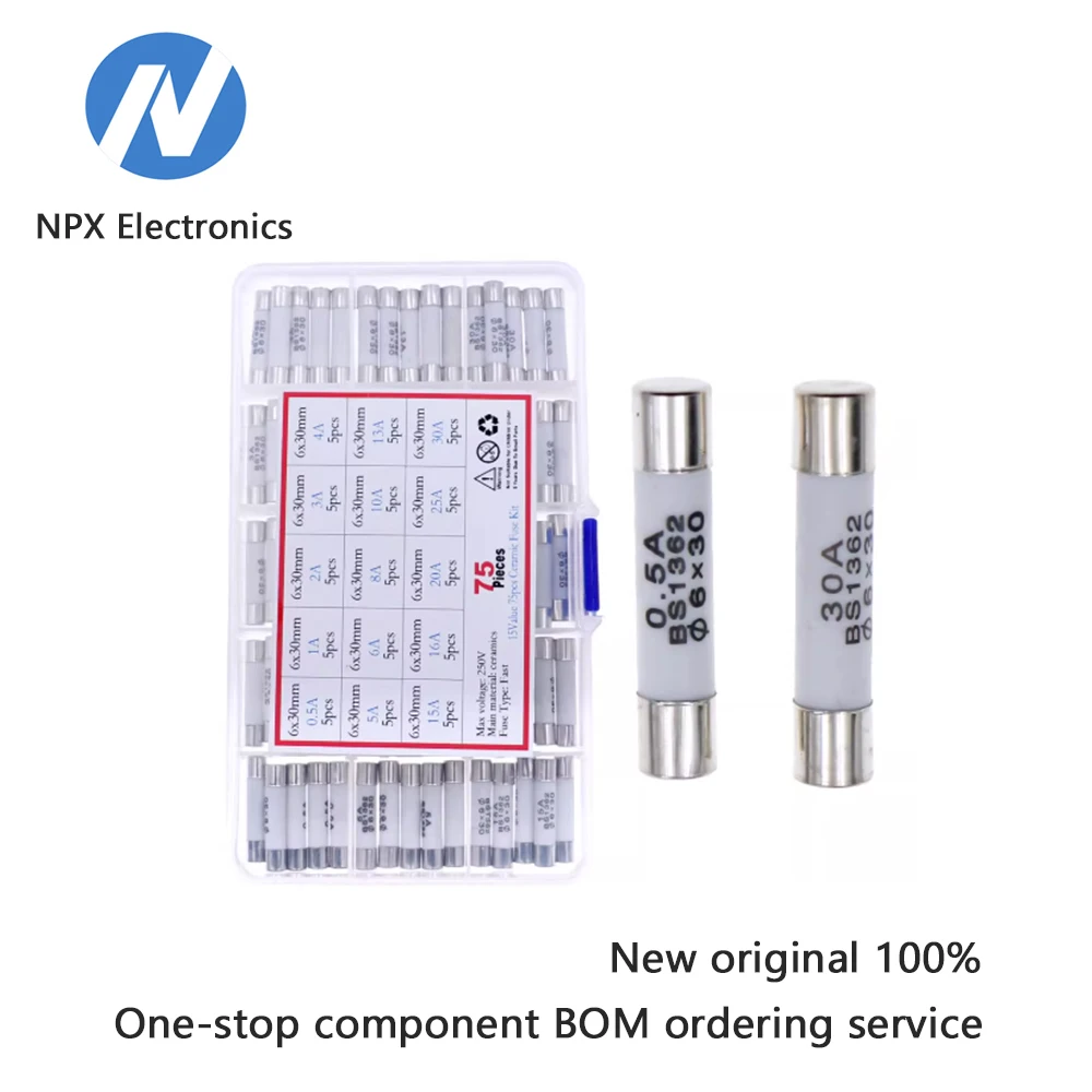 

15 types of 75 pieces of 6*30mm ceramic fuse tubes that quickly break at 250V fuse wire, with 0.5A to 30A fuse combination set