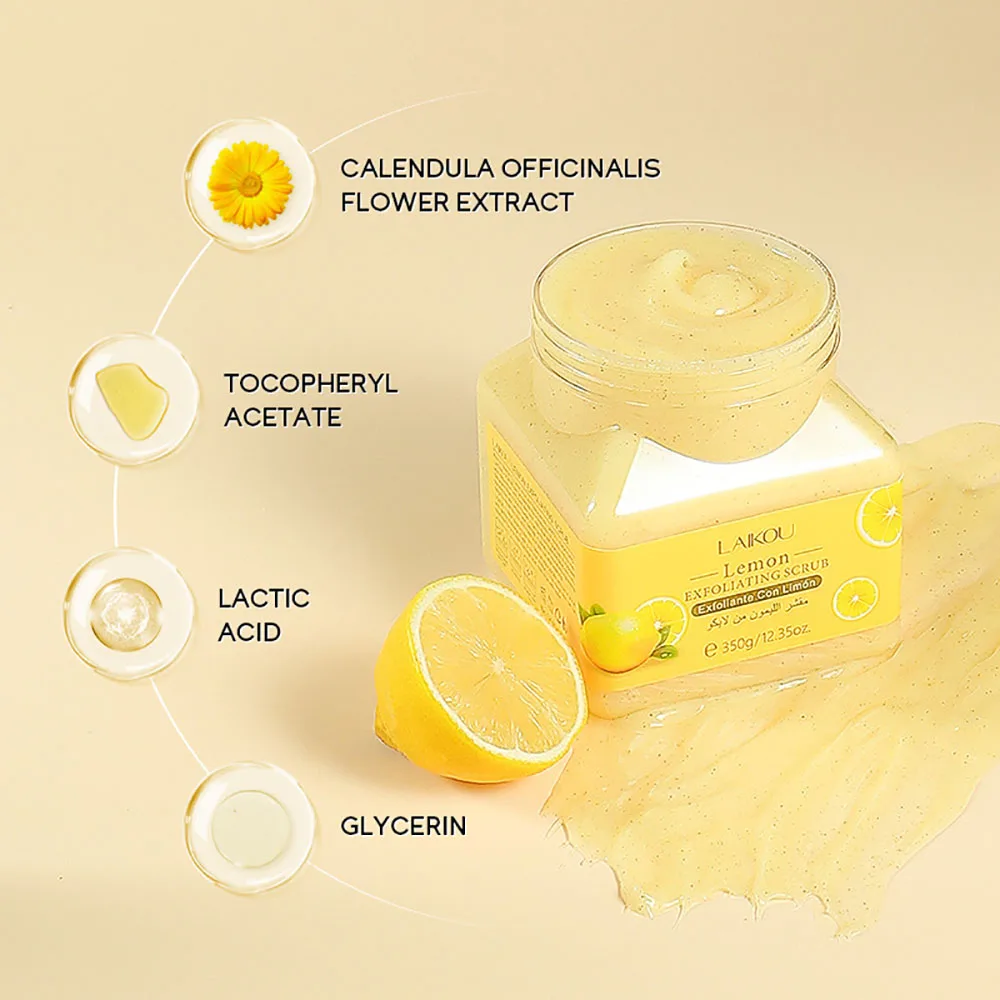 

LAIKOU Лимонный скраб для тела 350 г: Отшелушивающее средство для удаления омертвевшей кожи при кератозе пиларис, смягчающее и увлажняющее, для гладкой кожи