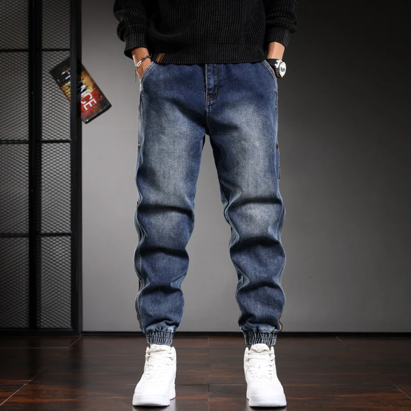 Blue Men's Slim Fit Jeans Elastic High Street Trendy Hip-Hop Fashion Nostalgic Washed Retro Brand Jeans for Hombre