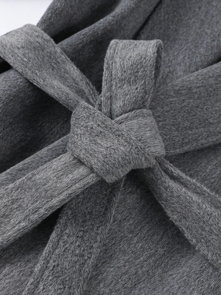 Faux Feather Wool Women's Coat Vintage Khaki Long Sleeve Lace Up Lapel Coats Female 2025 Autumn Winter V-neck Lady Jackets