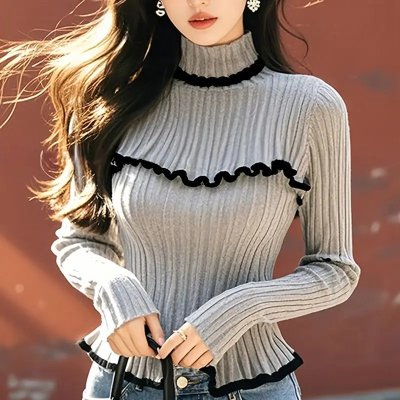 High-neck Long Sleeve Sweater Knitted Autumn Winter Ruffles Screw Thread Women's Clothing Pullover Casual Office Lady Tops