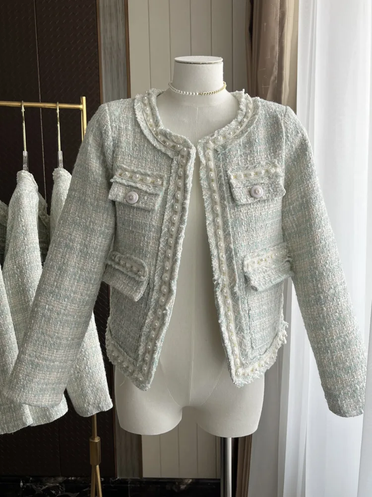 

2025 New Fashion Korean Chic Vintage Tweed Woolen Jacketes Coat Women Autumn Single Breasted Plaid Tassel Beading Lady Outwear
