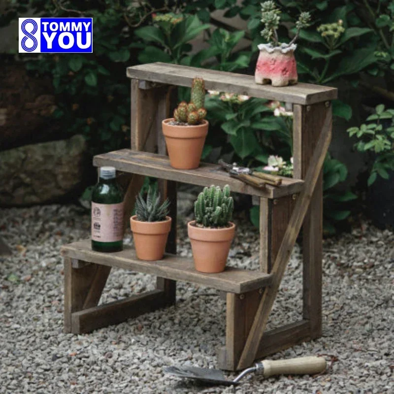 Outdoor Three Tiered Flower Racks Made of Solid Wood Retro and Old Balconies Gardens Potted Plants Shelves Against Walls Stand