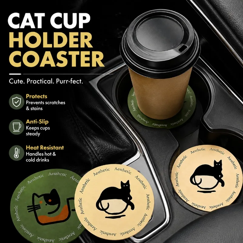 Best‑selling Cute‑styled Kitten‑themed Cup‑coaster Leather‑crafted Vehicle Drink‑pad Anti‑slip Heat‑insulated Mat Practical