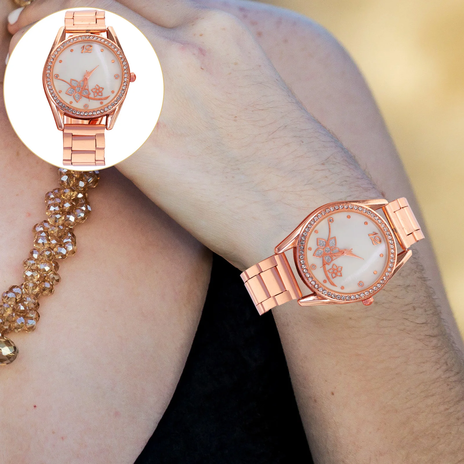 ساعة حجر الراين على شكل زهرة لساعة اليد بحزام معدني مع شريط مسامي ومينا شفافة وإبزيم معدني هدية للطلاب #1